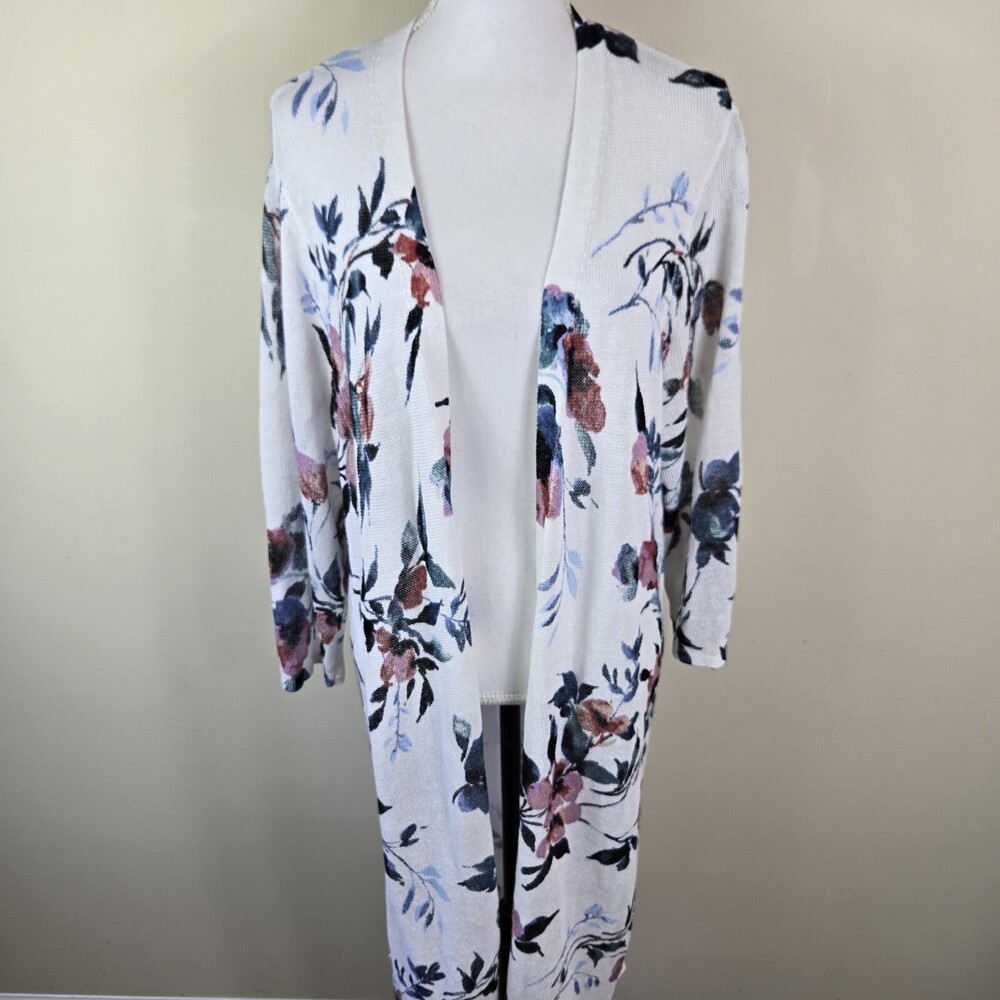 J.Jill Womens Cardigan 1X White Floral Lightweight Open Front Sweater